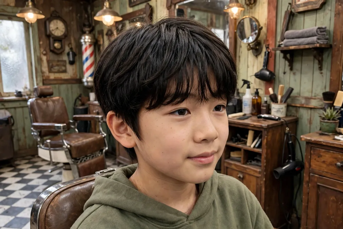 Layered fringe Korean boy haircut with stacked layers framing the forehead and eyes