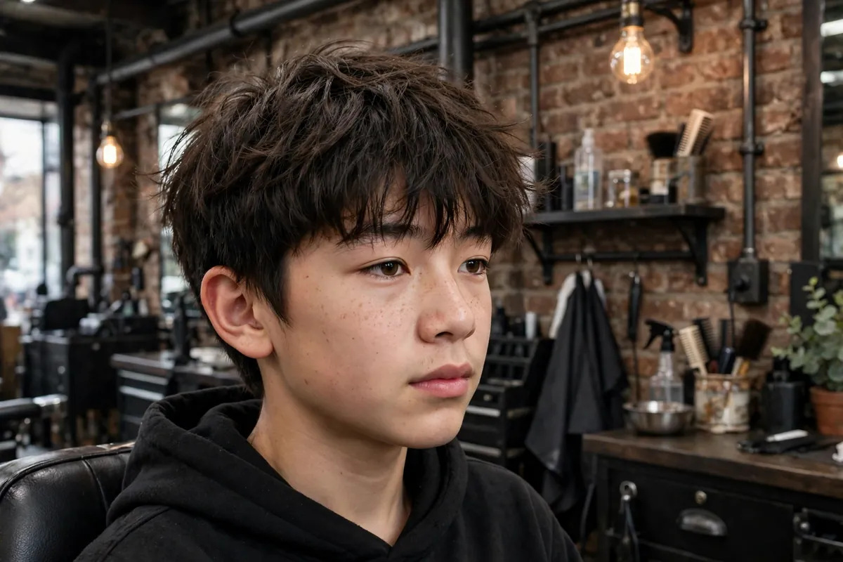 Messy forward fringe Korean boy haircut with tousled bangs pushed over the forehead