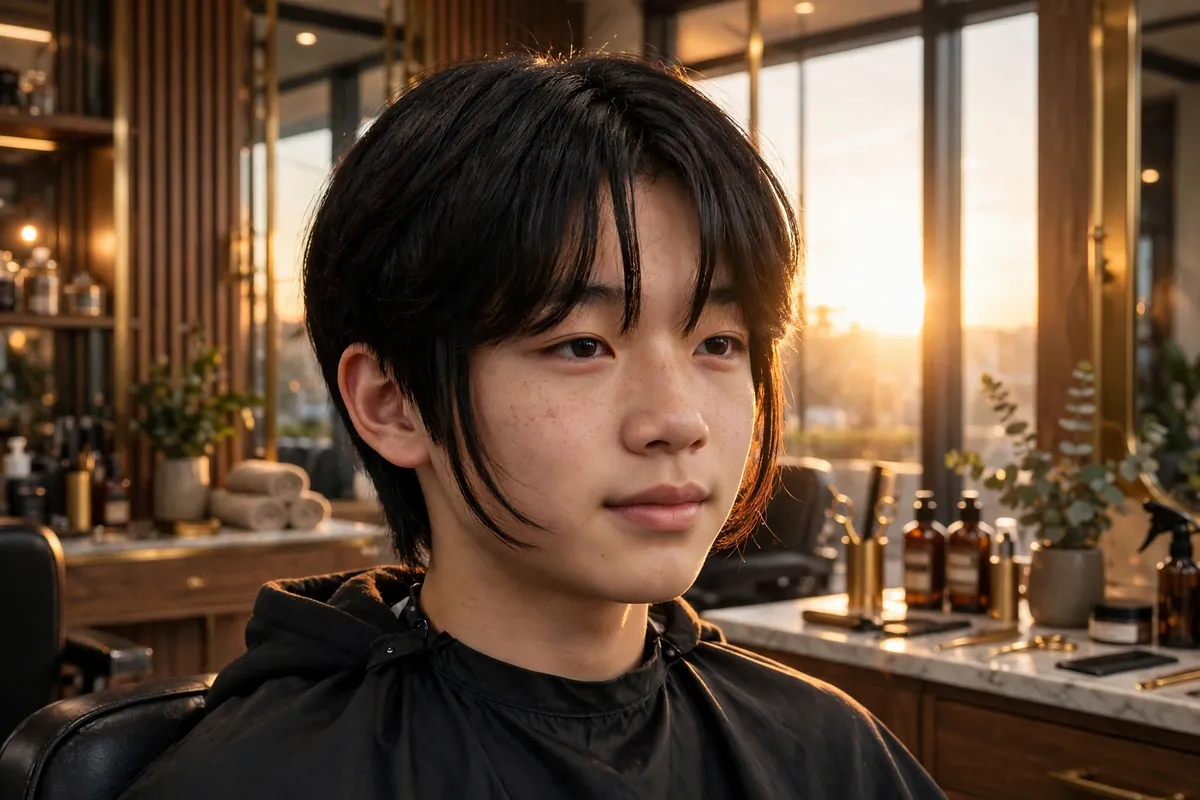 Curtain bangs Korean boy haircut with split fringe framing both sides of the face