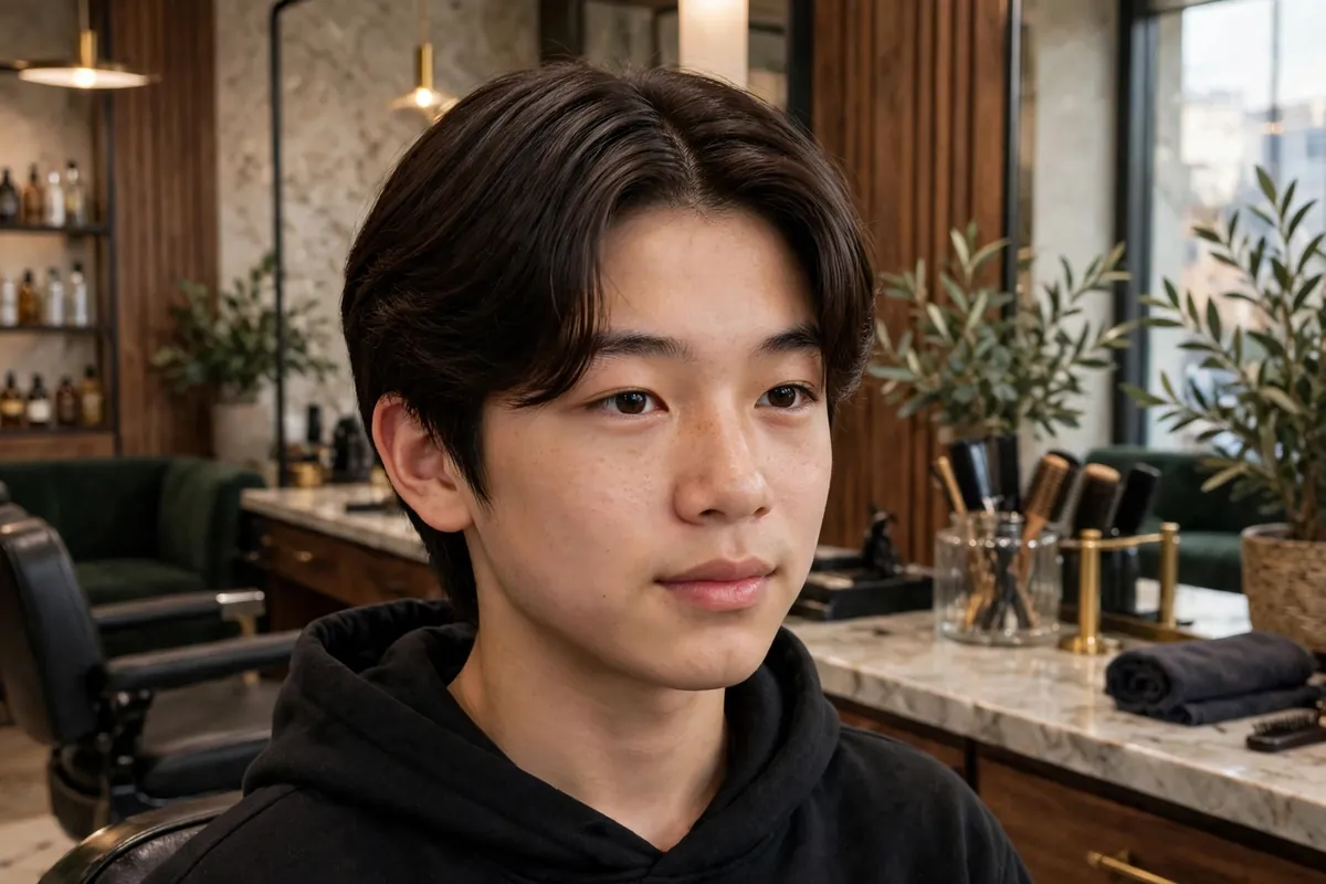 Korean middle part boy haircut with a clean center part and smooth flowing sides