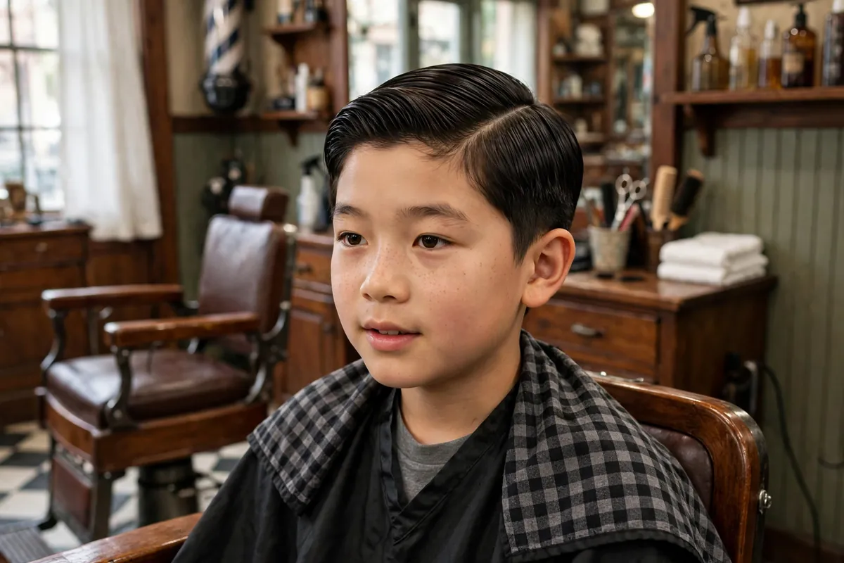 Korean side part boy haircut with a neat deep side part and combed top