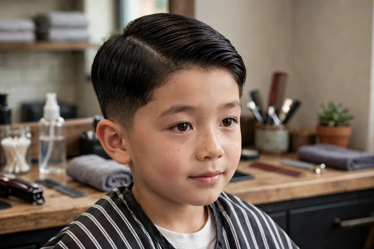 Side part comb over Korean boy haircut with neatly combed smooth top and short sides