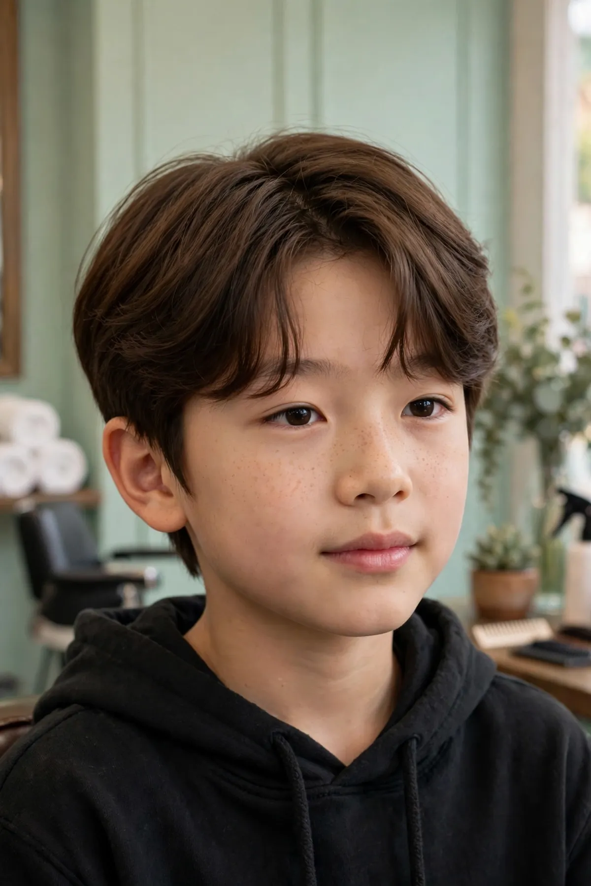 Soft off-center part Korean boy haircut with gently parted curtain fringe
