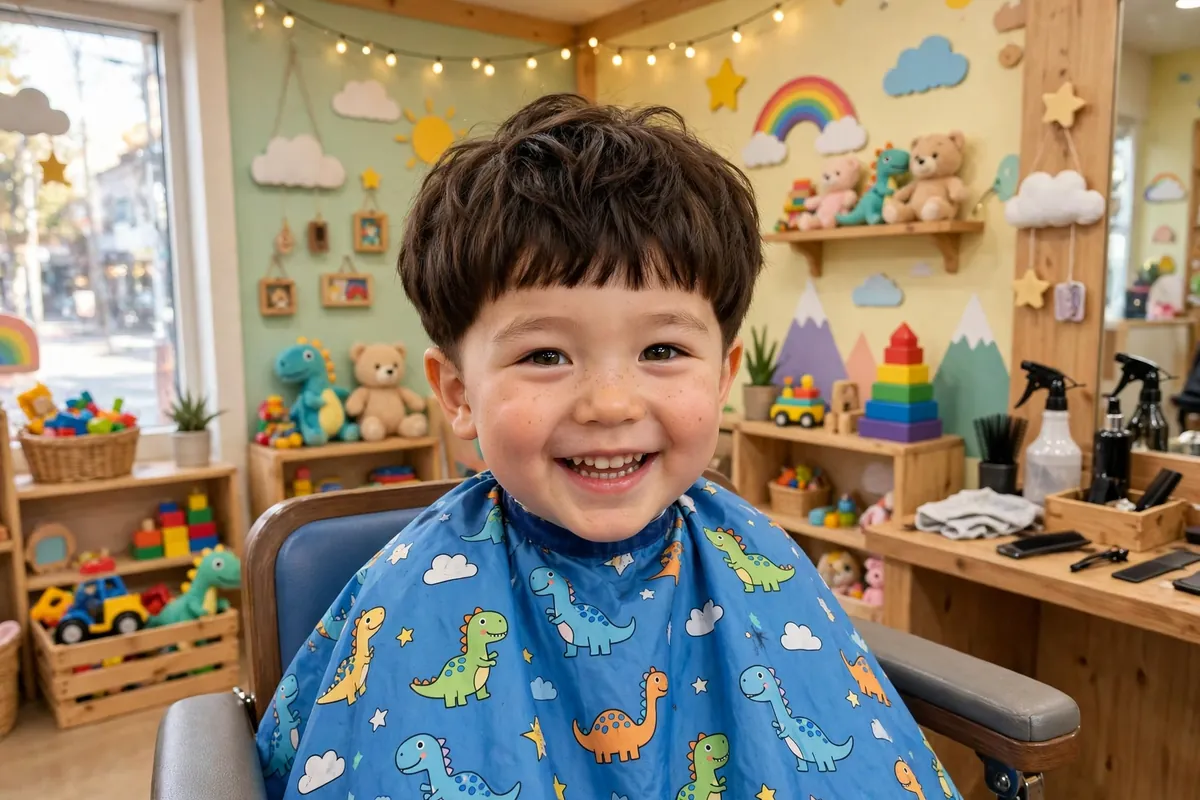 Modern textured bowl cut Korean boy haircut with choppy rounded shape and faded sides