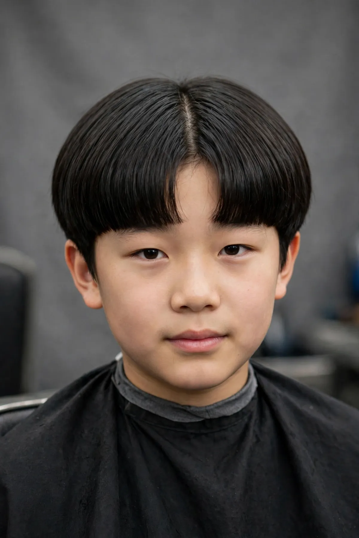 Bowl cut with center parting Korean boy haircut on a preteen with split rounded fringe