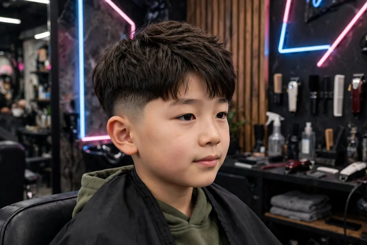 Tapered bowl Korean boy haircut with faded sides and longer textured rounded top