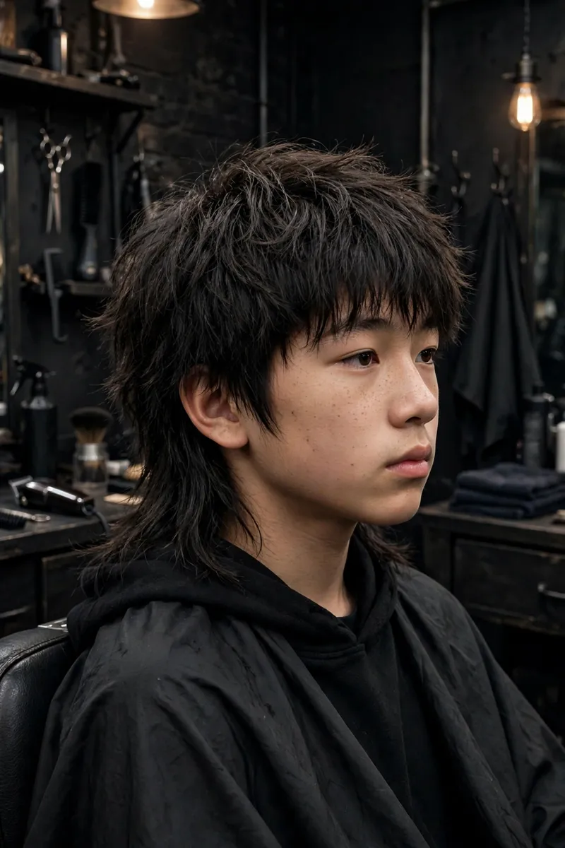 Korean wolf cut on a teen boy with layered shaggy top and longer back