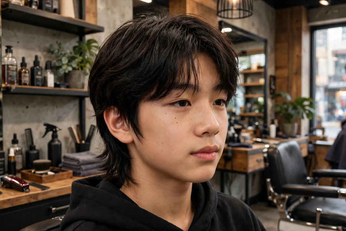 Soft K-pop mullet Korean boy haircut with short front and longer textured back