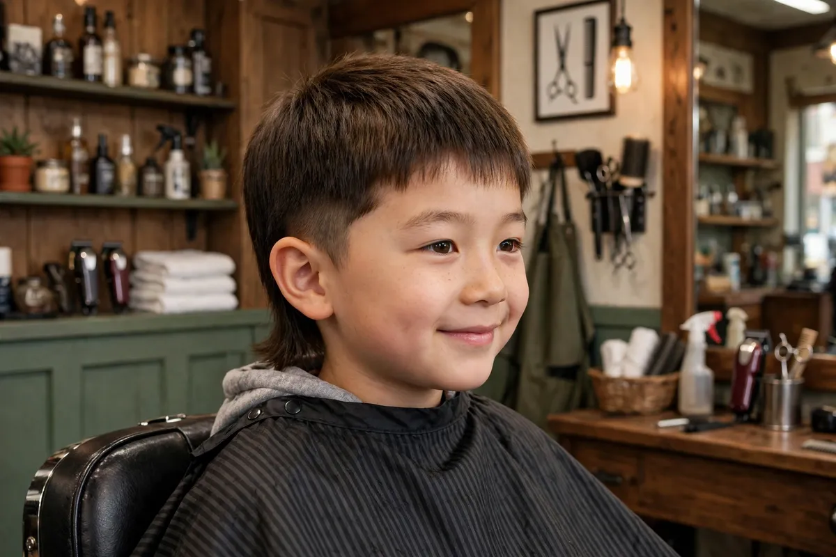 Mini mullet Korean boy haircut for a kid with subtle longer back and neat front