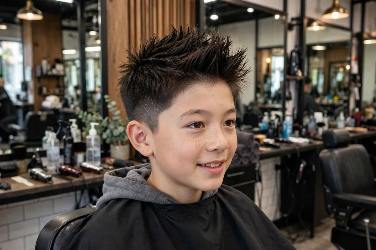 Spiky top Korean boy haircut with lifted textured spikes and tapered clean sides