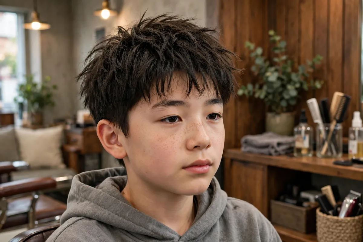 Messy textured crop Korean boy haircut with choppy short top and short sides