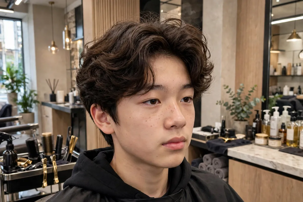 Korean volume perm boy haircut with soft voluminous waves and lifted roots