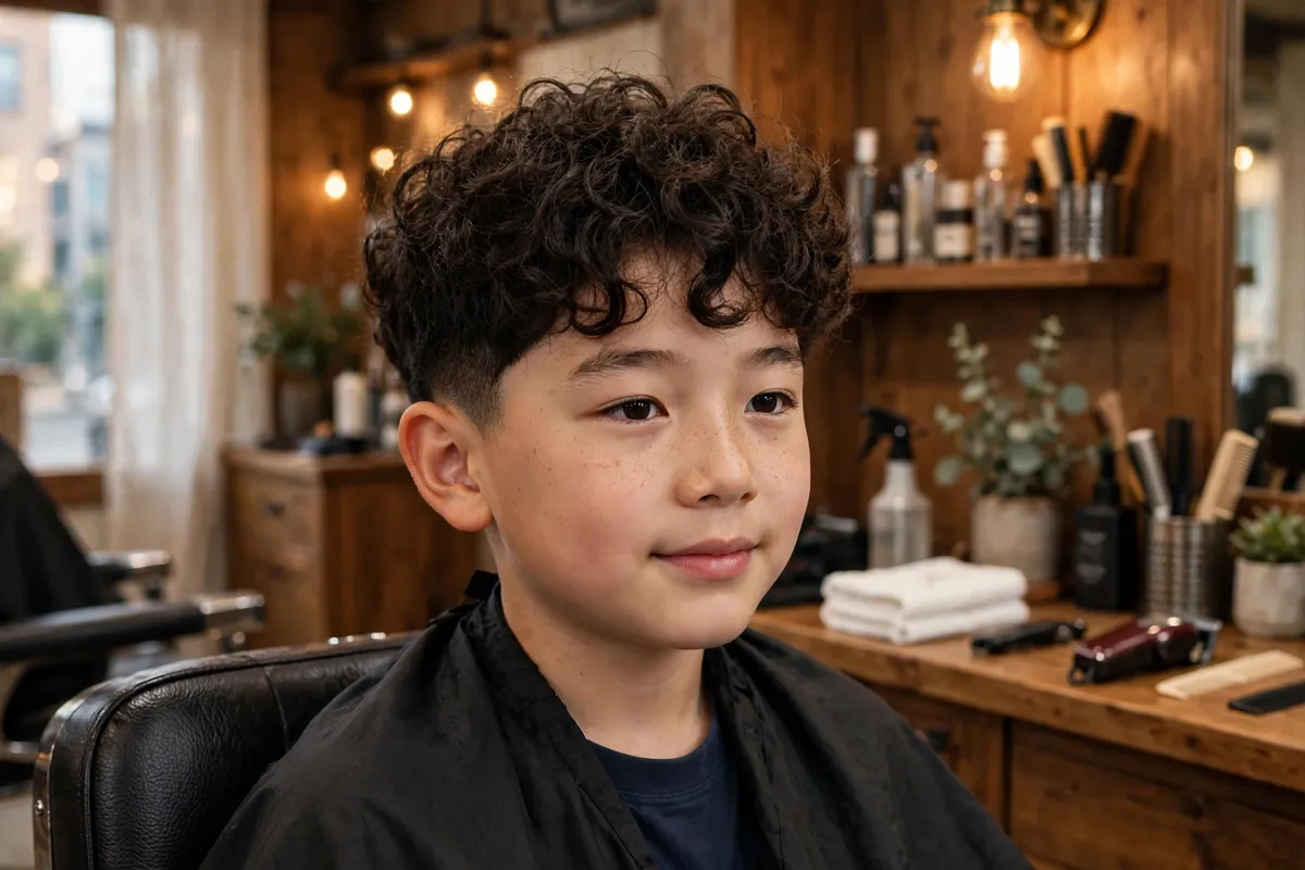 Korean curly boy haircut with defined natural curls and soft tapered sides