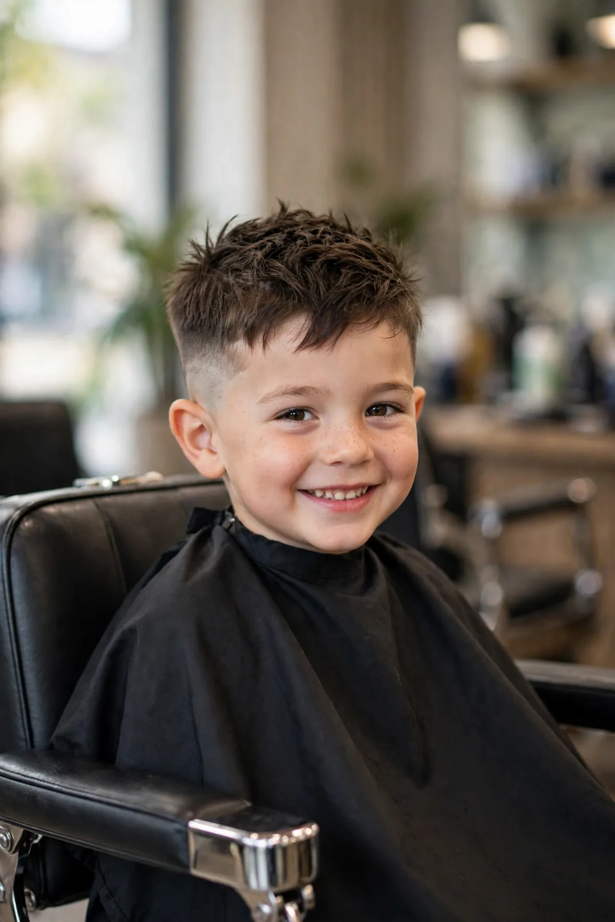Little boy with low fade and textured crop haircut, choppy top, barbershop photo