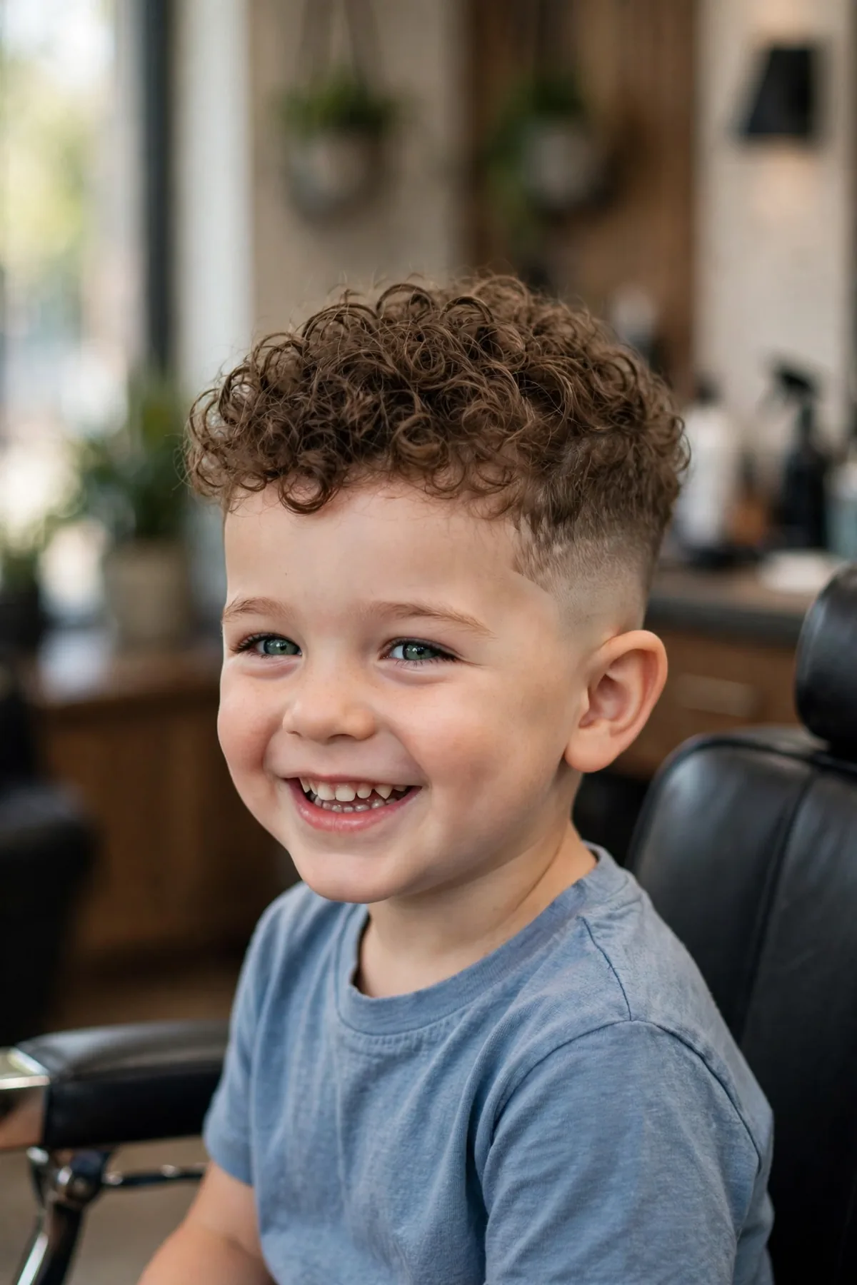 Curly top low fade haircut on a little boy, natural curls on top with low blended sides