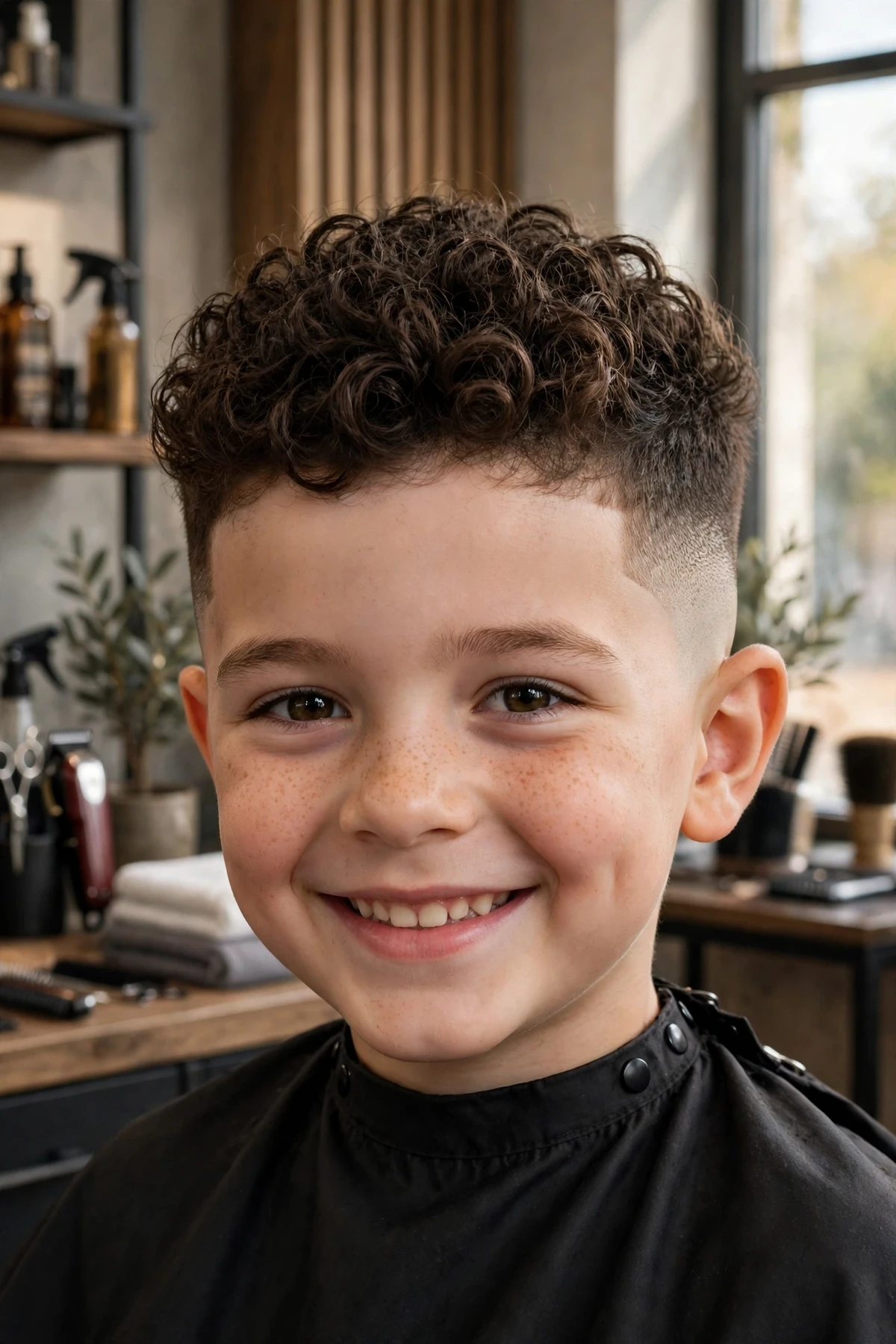 High fade curly top haircut on a little boy, full curly crown with high blended fade