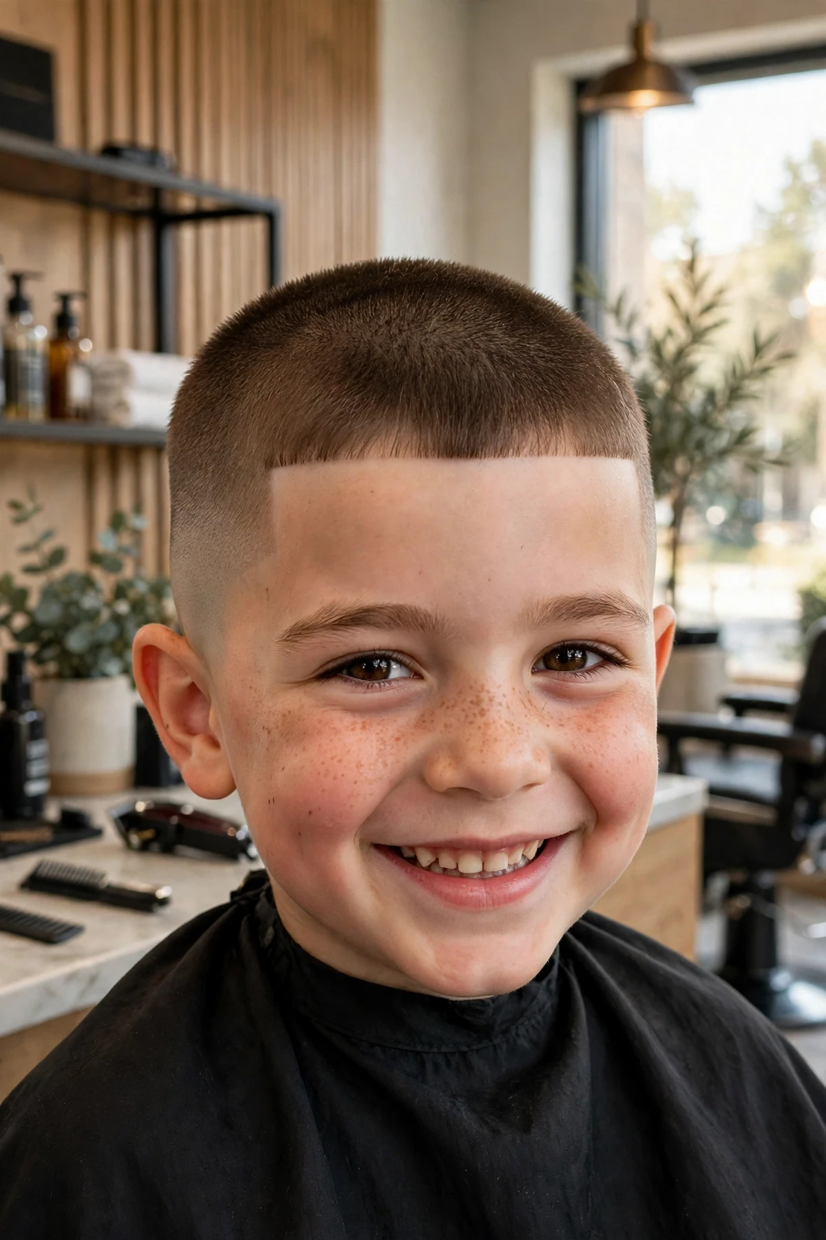 High fade buzz with boxed fringe on a little boy, straight boxed hairline with high fade