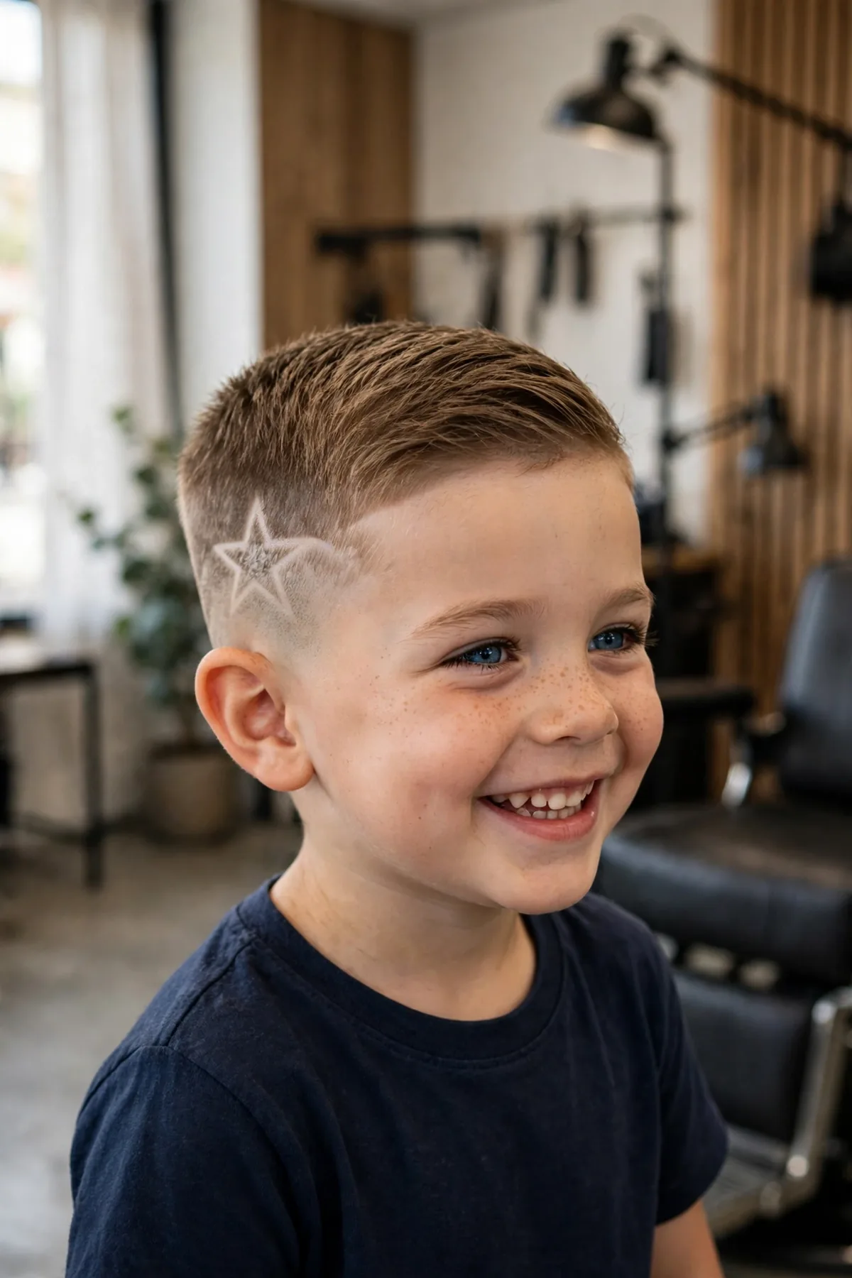 Fade with shaved star designs on a little boy, star shapes etched into the fade