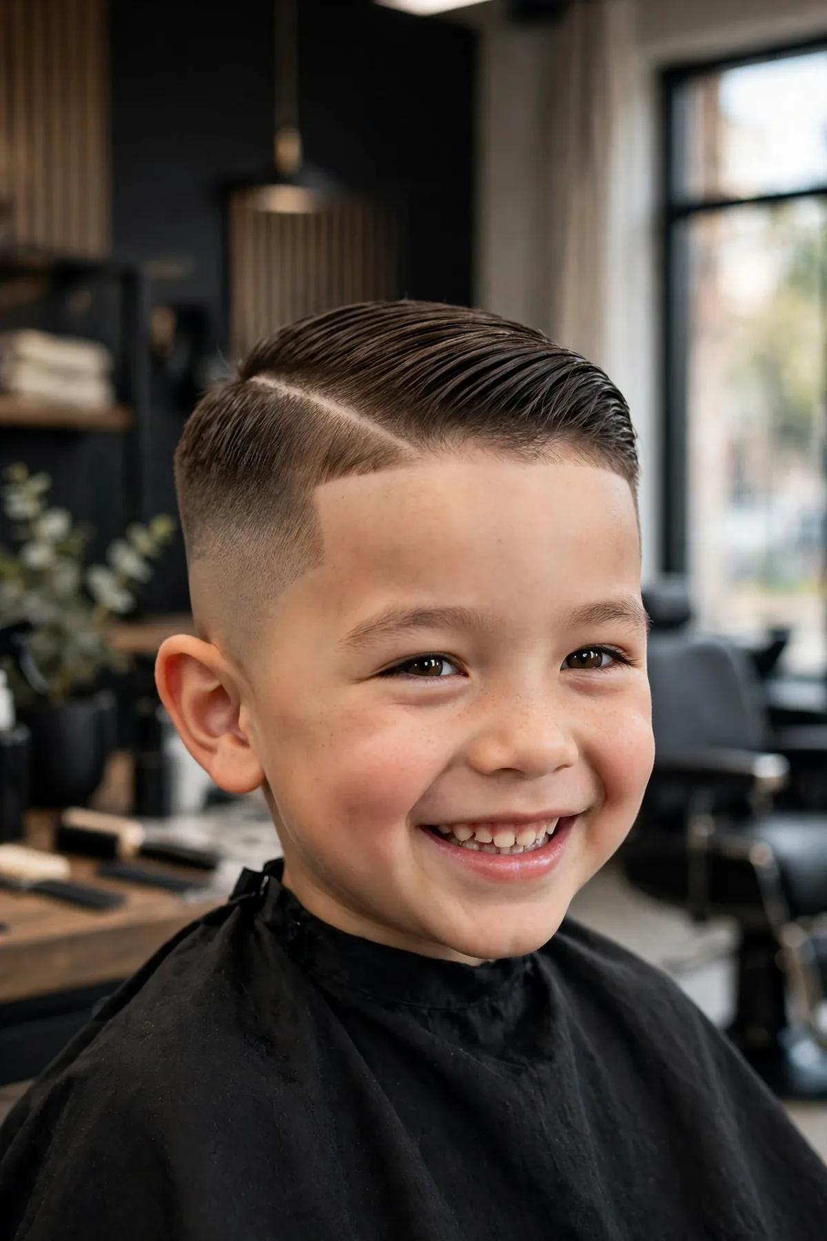 Hard part fade haircut on a little boy, razor-sharp part line with faded sides