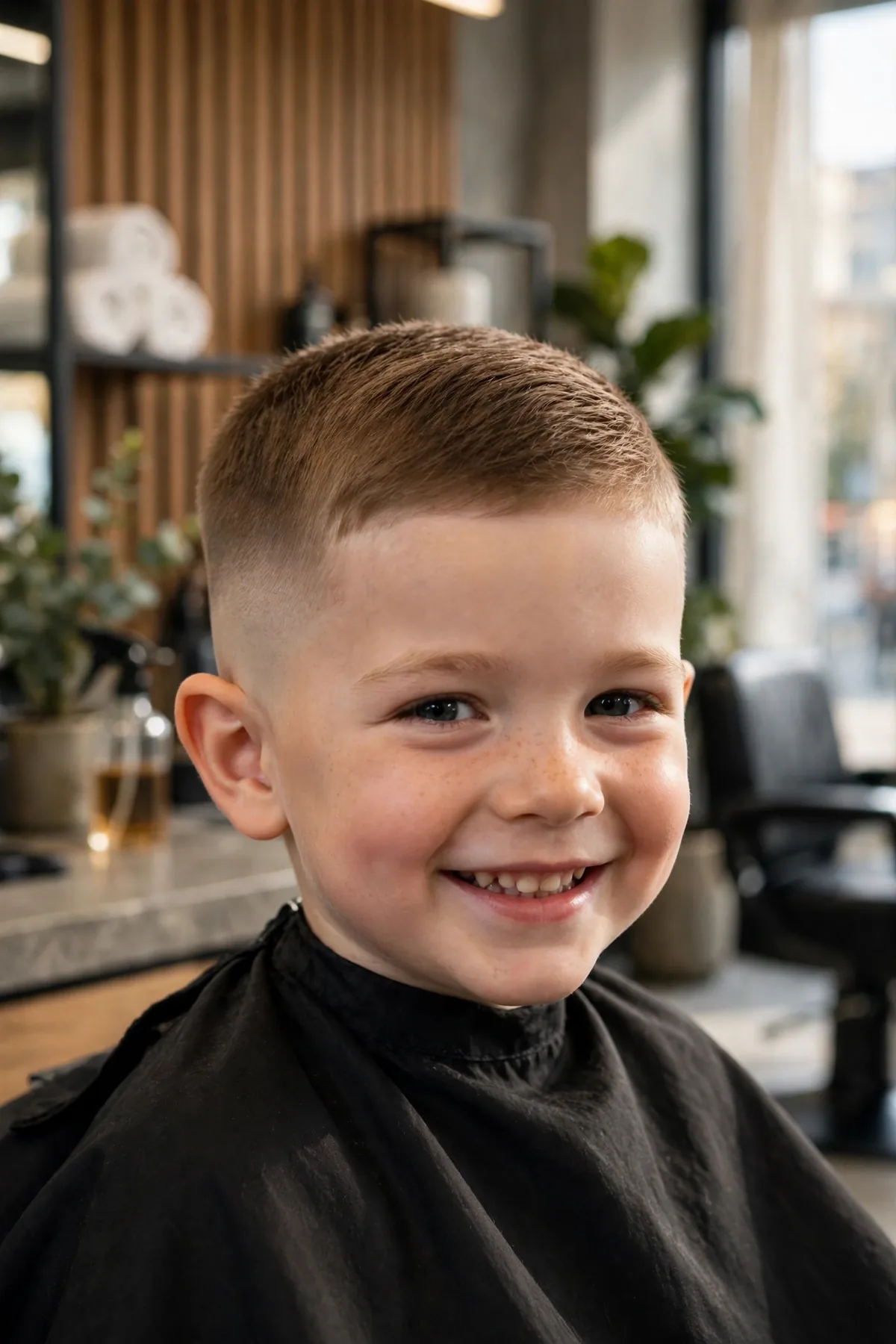 Classic taper fade haircut on a little boy, traditional taper with scissor-cut top