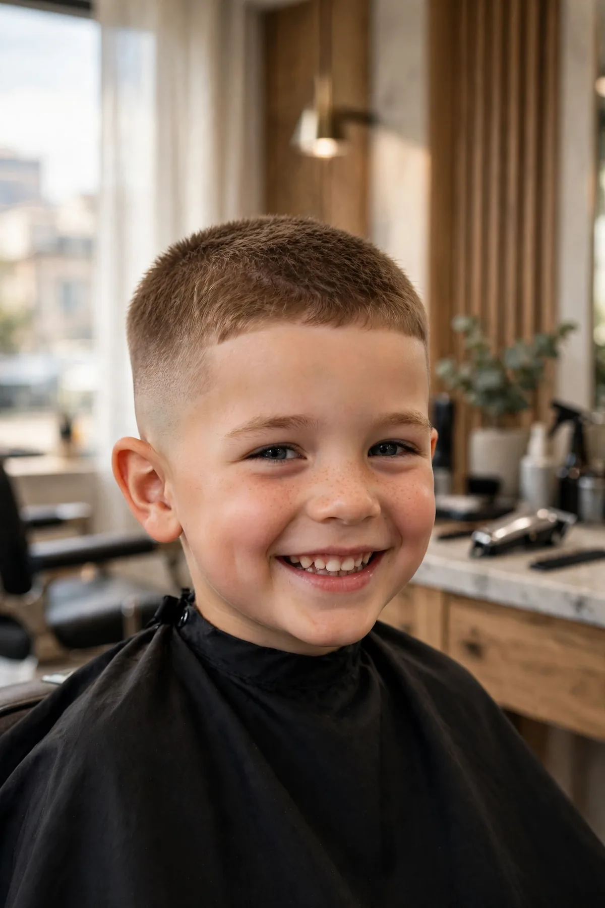Crew cut fade on a little boy, military-style short crew with blended fade sides