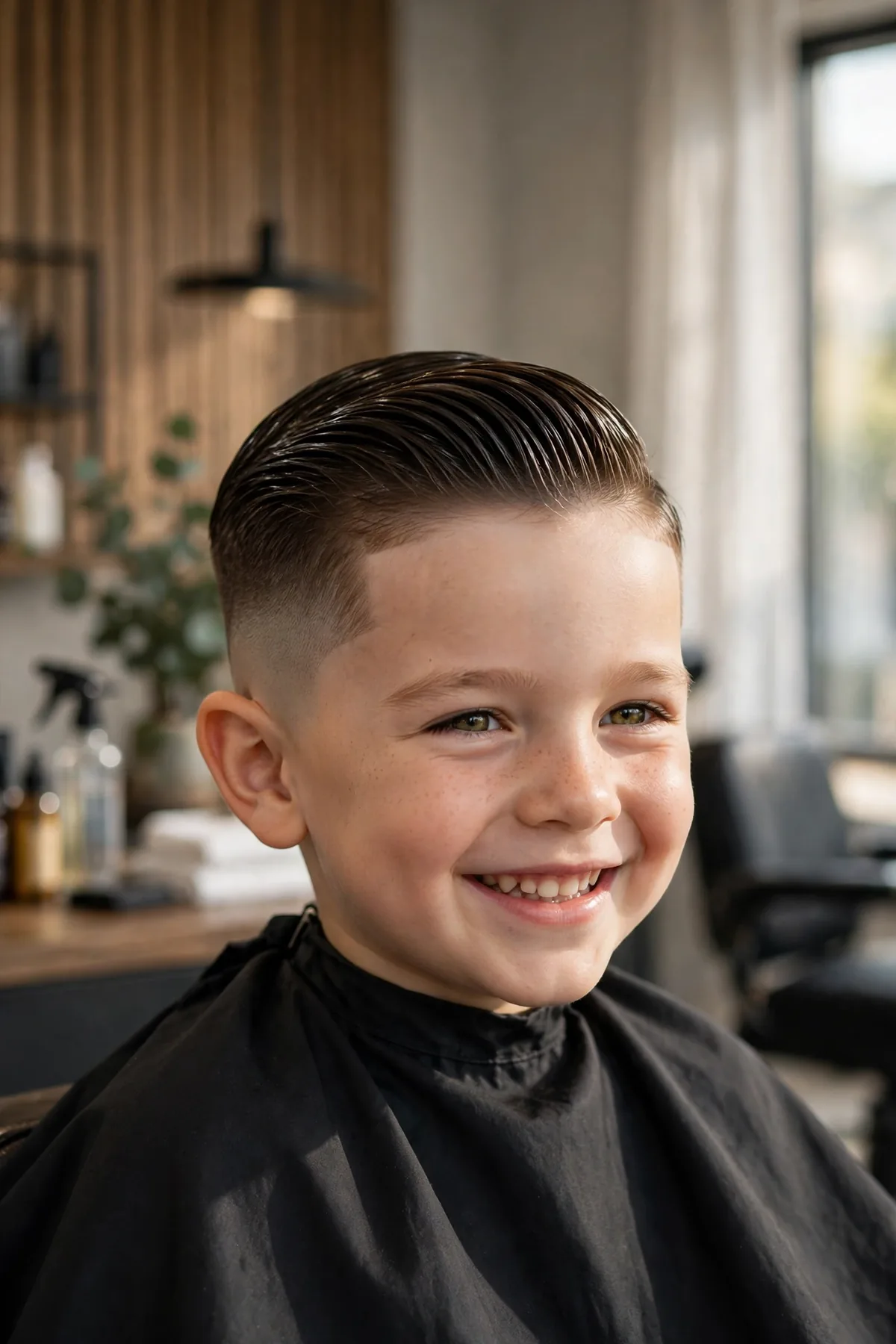 Slicked-back fade haircut on a little boy, smooth slicked back top with faded sides