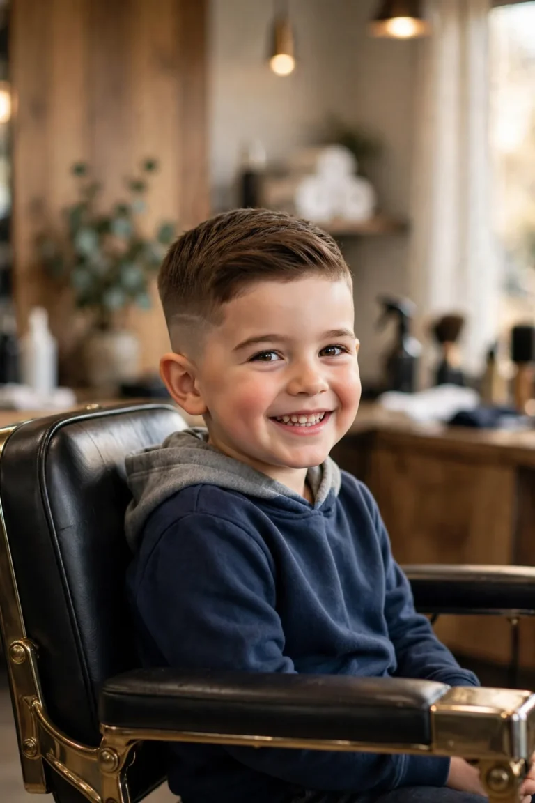 Little boy with a neat low fade haircut, textured crop on top, sitting in a barbershop chair