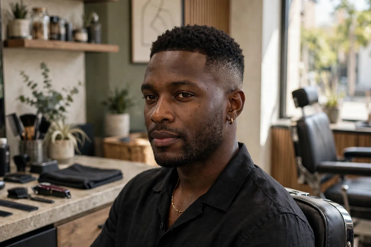 Black man with classic low fade haircut and short natural curls on top, clean tapered sides