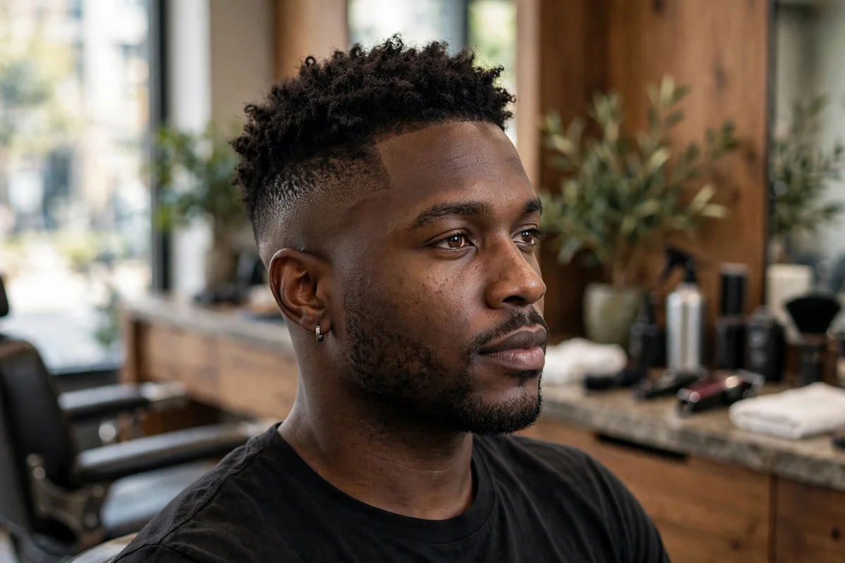 Low shadow fade haircut for black men with textured short top and soft blended sides