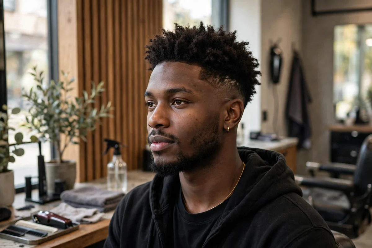 Low taper fade haircut for black men with natural curls, subtle taper around ears and neckline