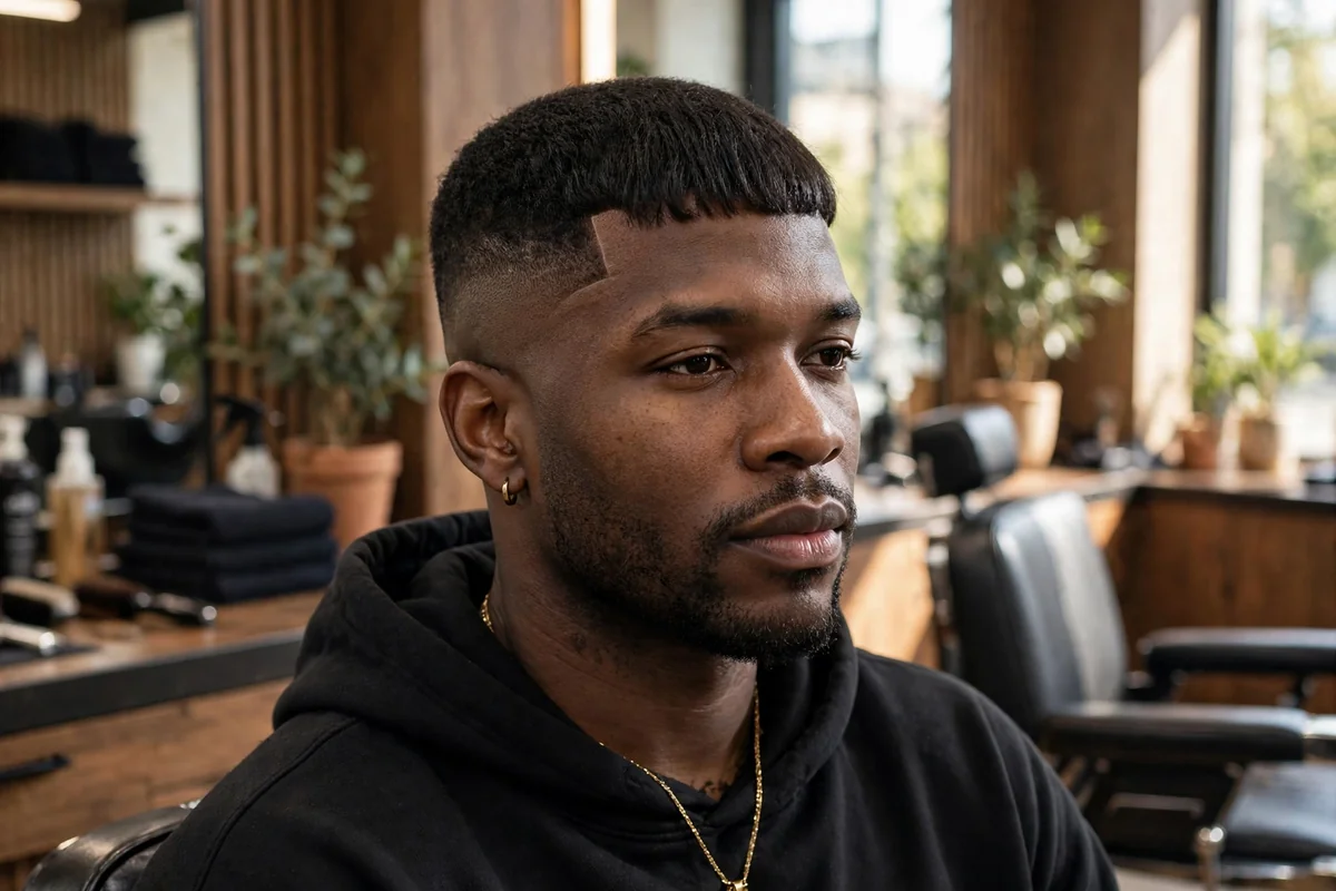Black man with low fade Caesar haircut, short straight fringe and faded sides
