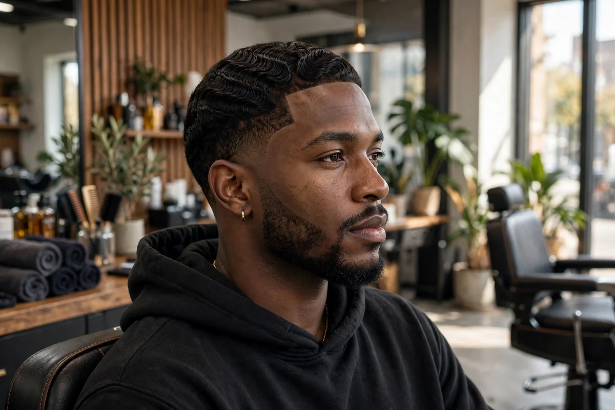 Black man with 360 waves and low fade haircut, rippled wave pattern on top with clean faded sides