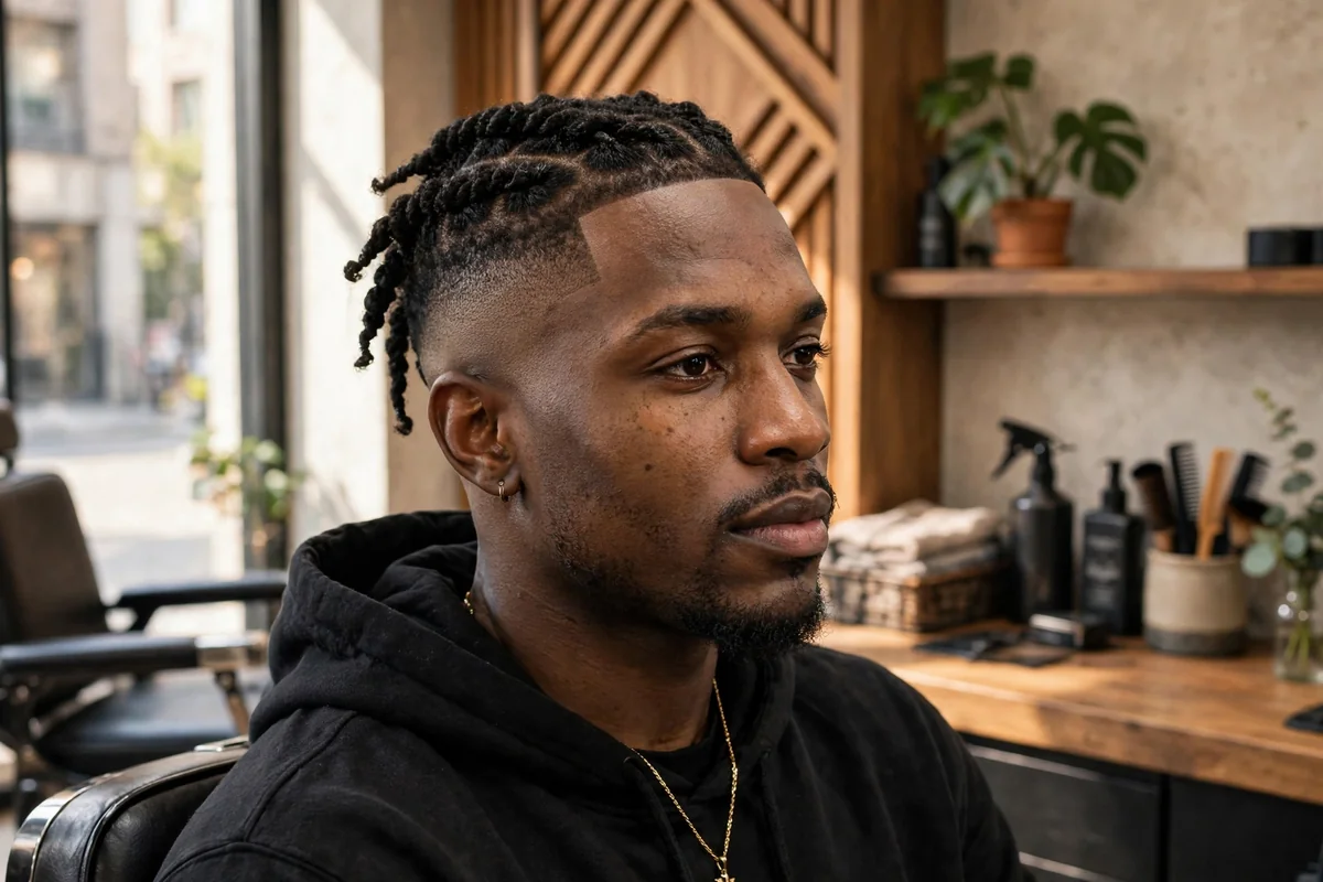 Black man with low fade haircut and two-strand twists on top, neat twisted sections with clean sides