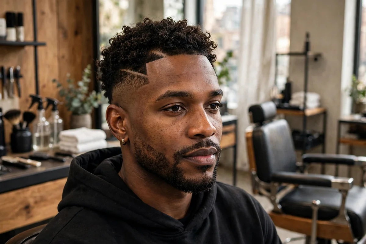 Black man with low fade haircut, curly top and sharp hard part line, clean faded sides