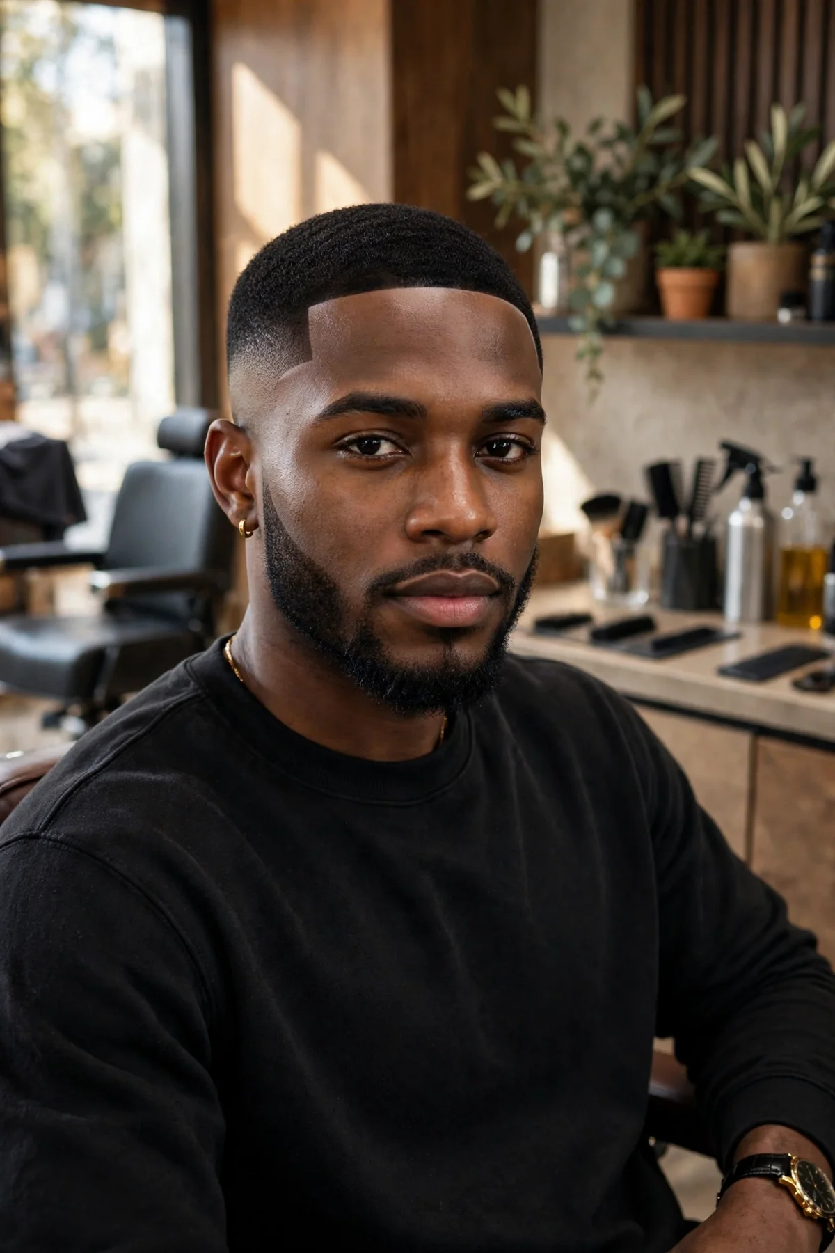 Black man with low fade haircut and sharp razor line-up across forehead and temples