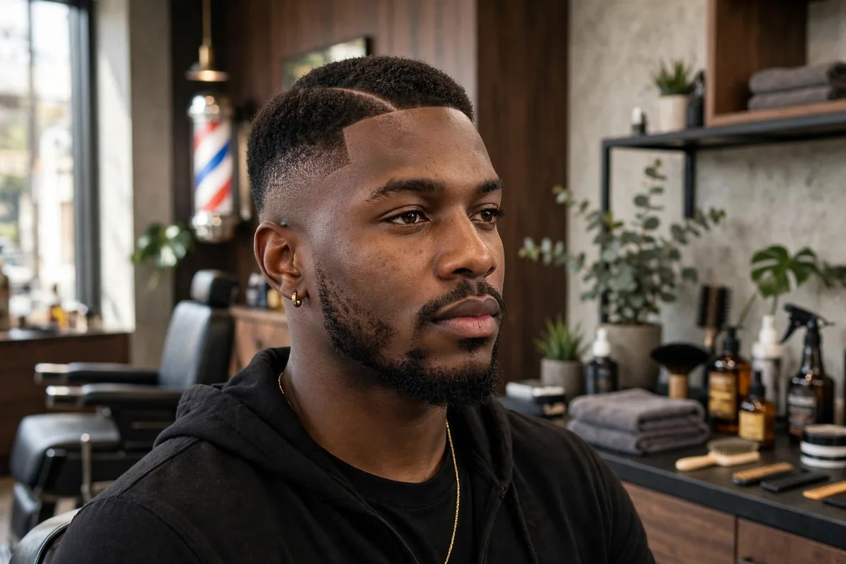 Black man with low fade haircut and neat side part, combed top with faded sides