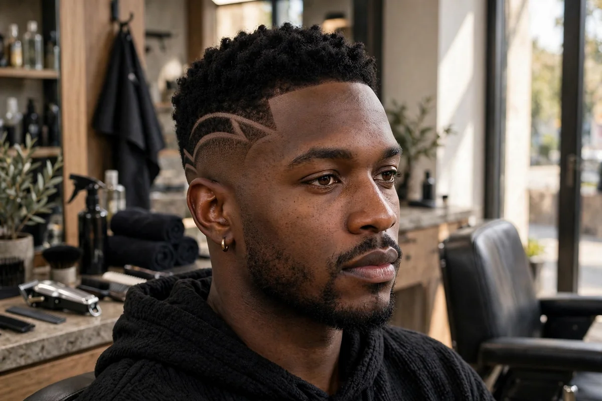Black man with low fade haircut and shaved hair design lines in the faded sides