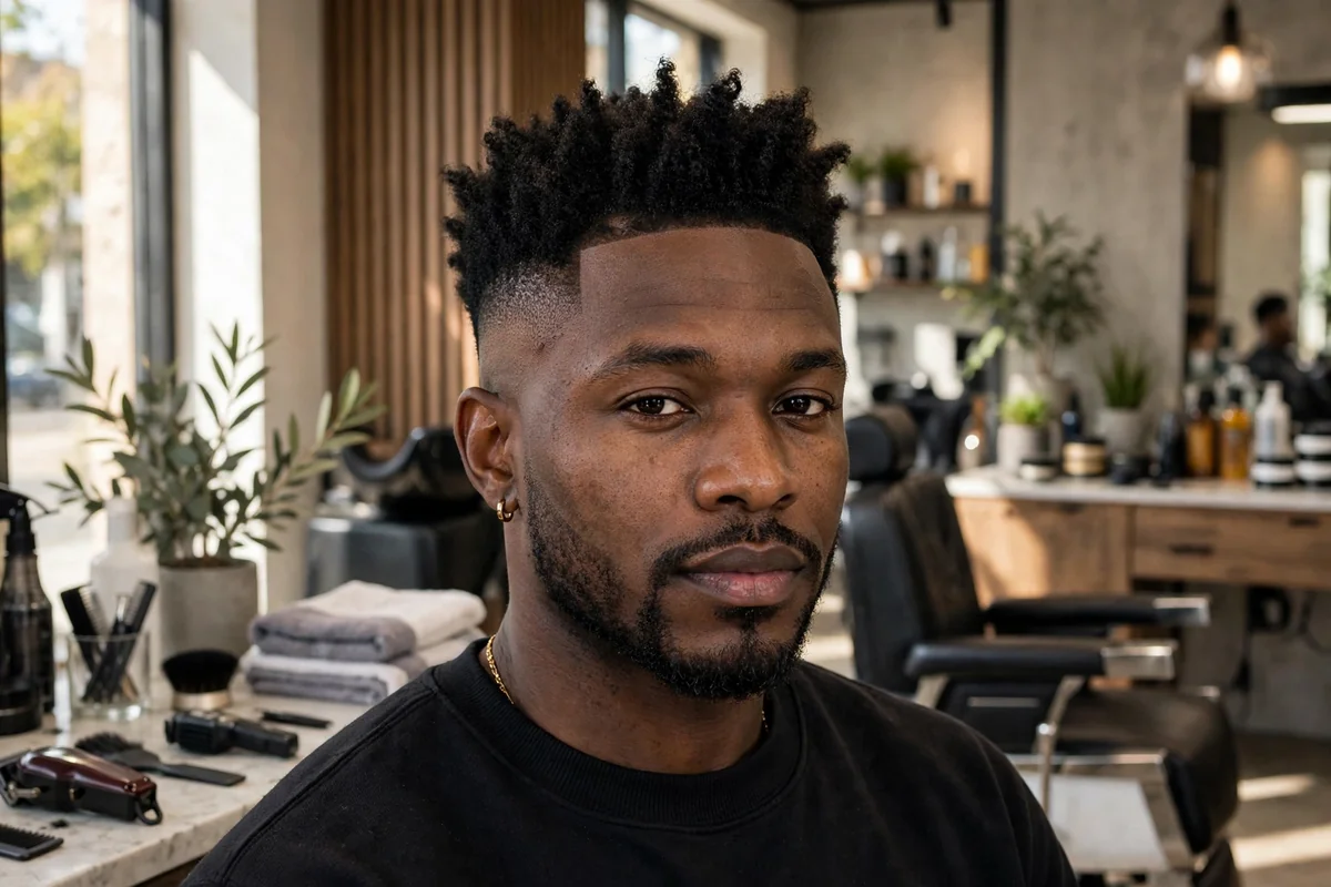 Black man with low fade haircut and frohawk, central strip of afro texture with faded sides