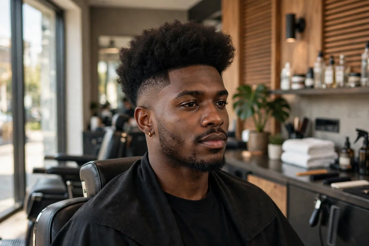 Black man with low fade haircut and blowout textured top, voluminous styled hair with faded sides