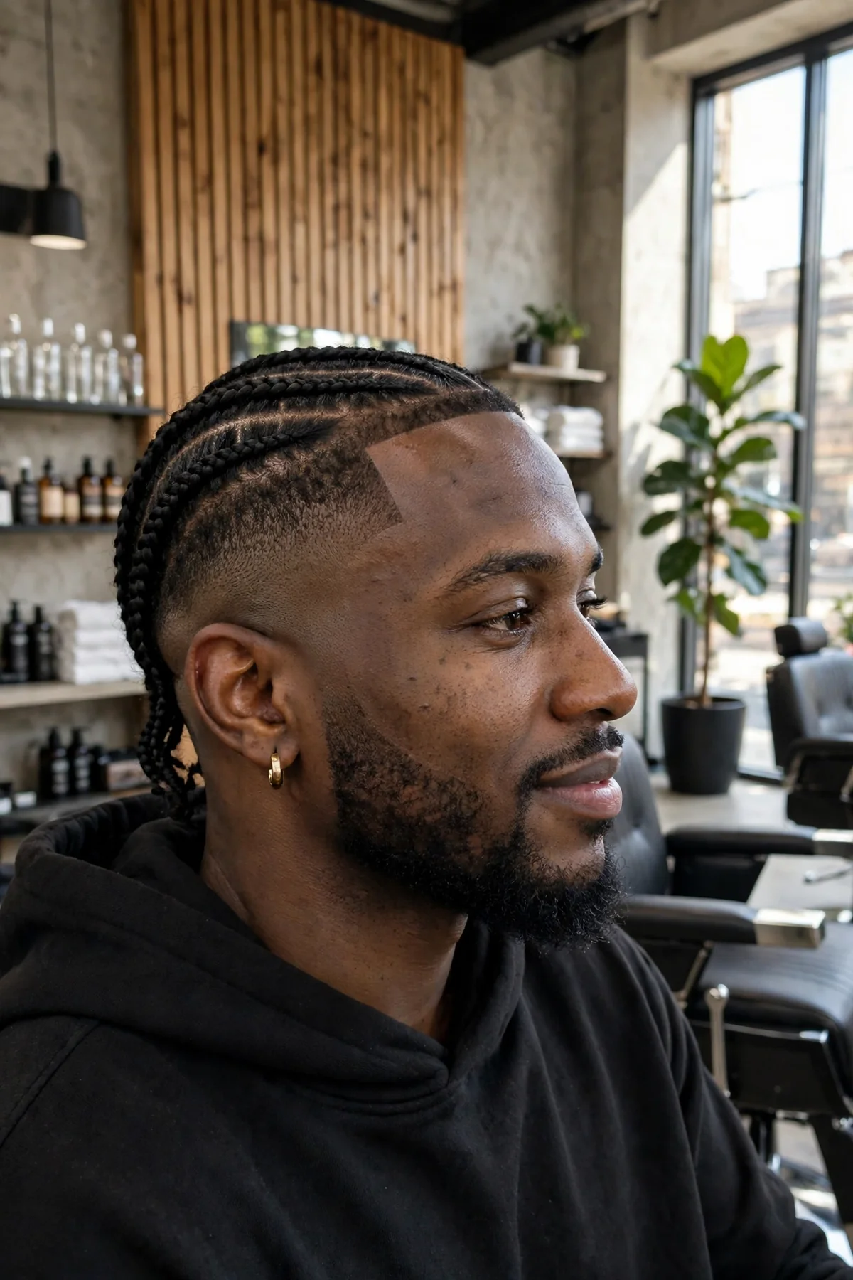 Black man with low fade haircut and cornrows on top, braided rows with clean faded sides