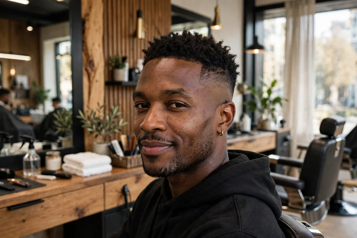 Black man with low fade haircut and textured crop top, choppy short texture with clean faded sides