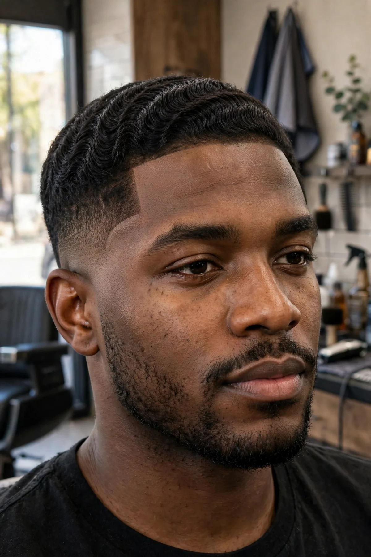 Low taper fade haircut with short 360 waves on a Black man, brushed wave pattern on top