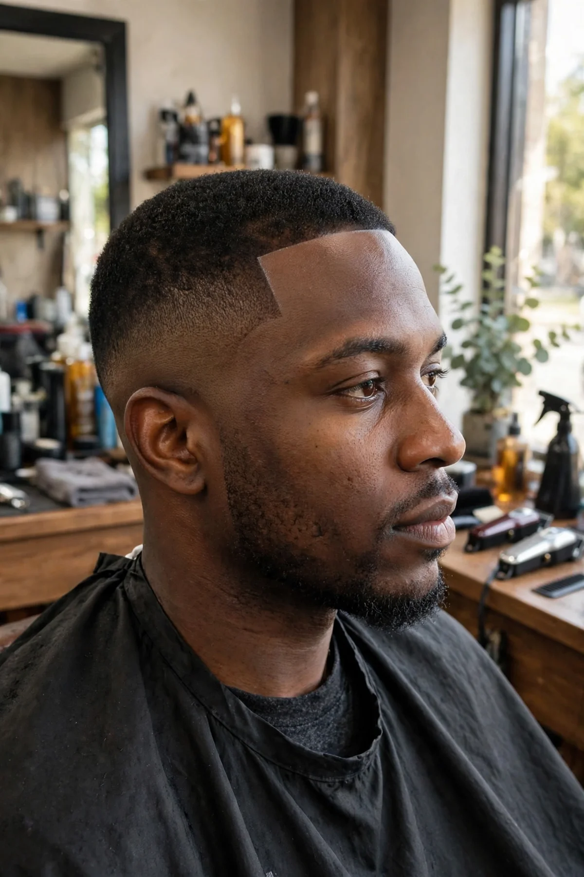 Low taper fade with sharp line-up haircut on a Black man, crisp forehead edge