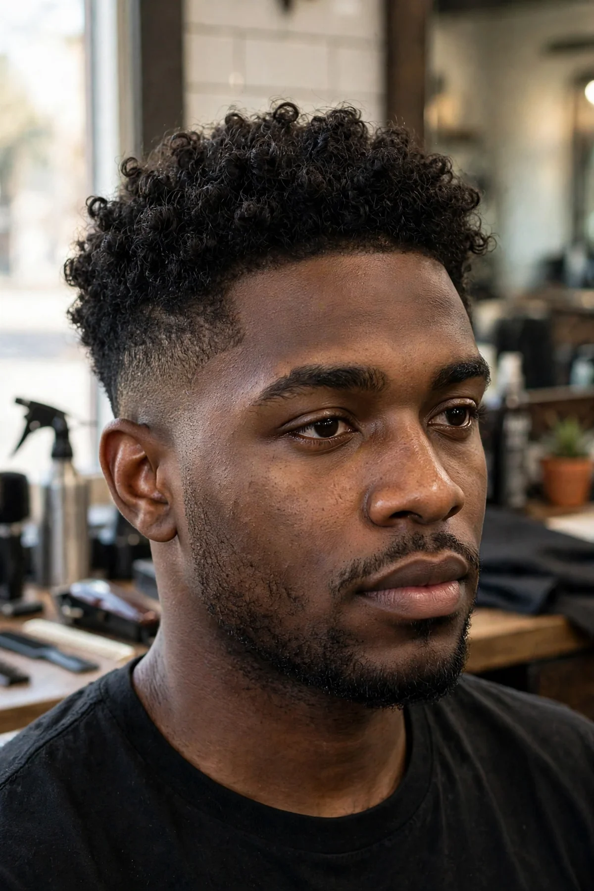 Low taper fade haircut with curly top on a Black man, defined curls and tapered sides