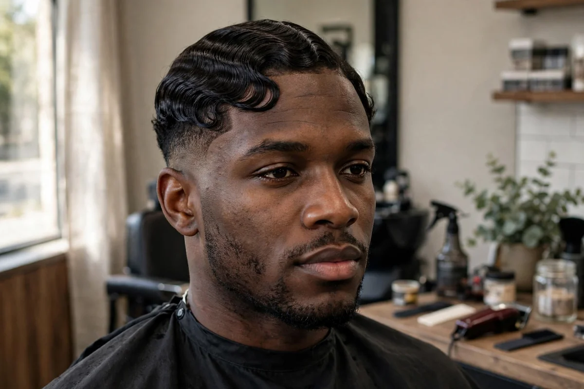 Low taper fade with smooth finger waves on a Black man, polished vintage style