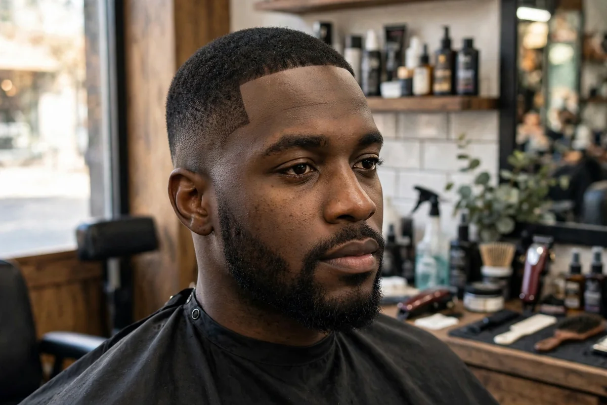 Low taper fade with sharp line-up and blended beard on a Black man