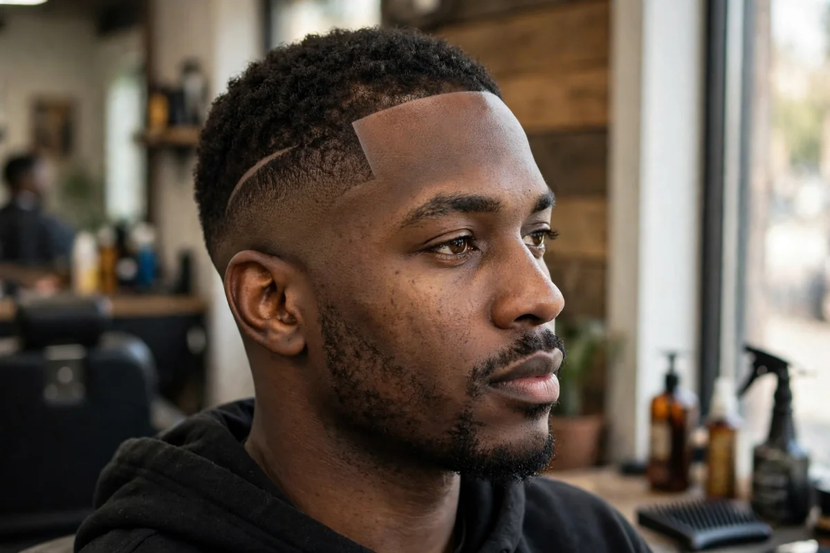 Low taper fade haircut with hard part line on a Black man
