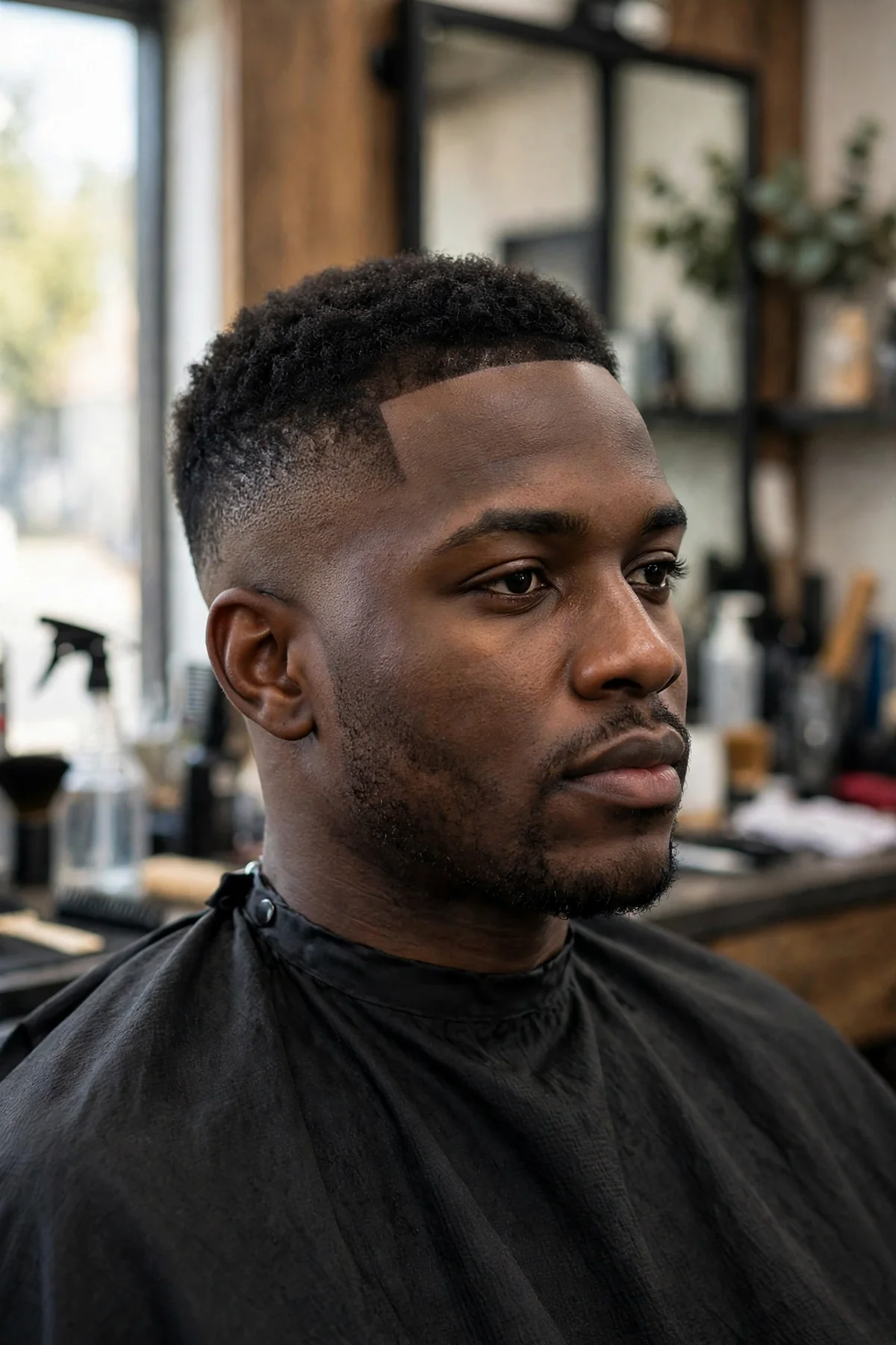 Low taper fade with precise edge-up hairline on a Black man