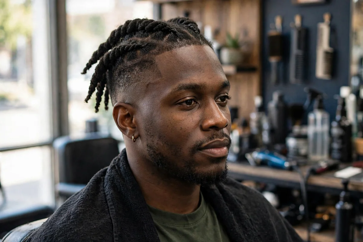 Low taper fade with two-strand twists on top for a Black man