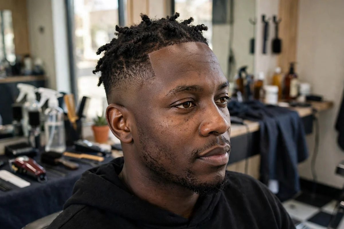 Low taper fade with short twists texture on a Black man